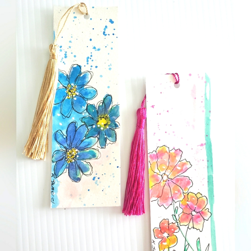 Hand Painted Floral Watercolor Bookmarks with Tassels